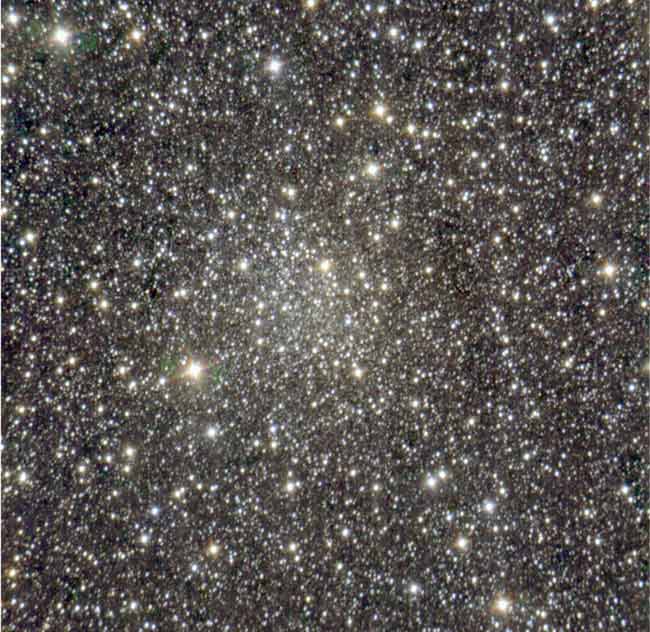 Color-composite image of FSR 1735. The cluster is the circular regions of stars and enhanced brightness in the center of the image. North is up and East is to the left. CREDIT: Henri Boffin, ESO