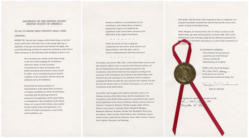 The official proclamation declaring the 27th Amendment to be part of the U.S. Constitution. CREDIT NATIONAL ARCHIVES