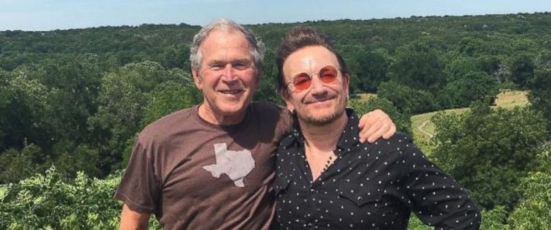 Former President George W. Bush and U2 lead singer Bono at Bush's ranch in Crawford, Texas, on May 26, 2017.