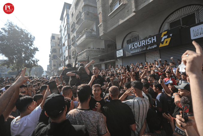 Palestinians in Gaza celebrate the launch of Al-Aqsa Flood operation on October 7. (Photo: Mahmoud Ajjour, The Palestine Chronicle)